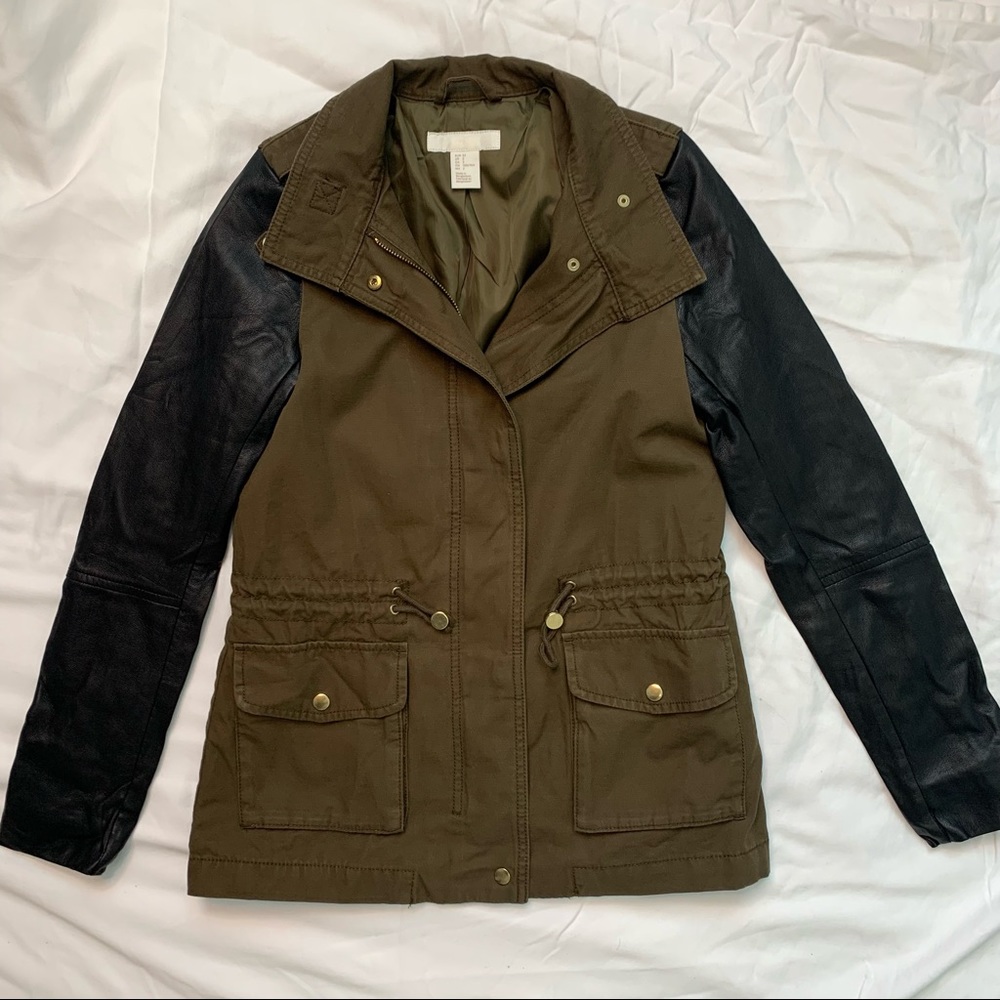 H&M Women US size 2 Olive Green Utility Jacket with Leather